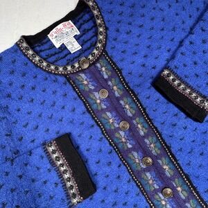 VTG Tally Ho Wool Cardigan Sweater‎ Womens Large Cobalt Blue Floral Cottage EUC